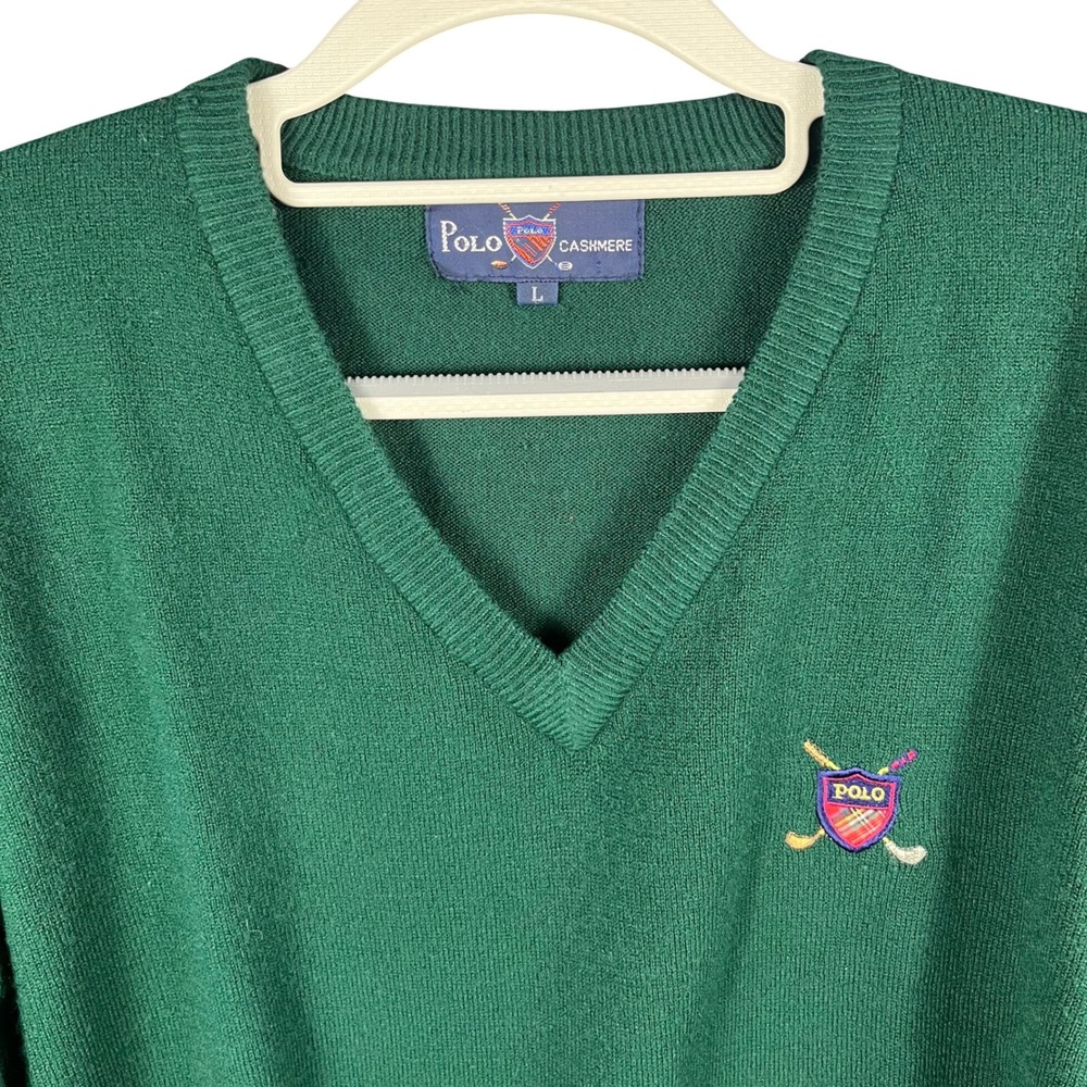 Polo Cashmere Sweater Mens L Green V-Neck Embroidered Golf Crest Luxury Preppy